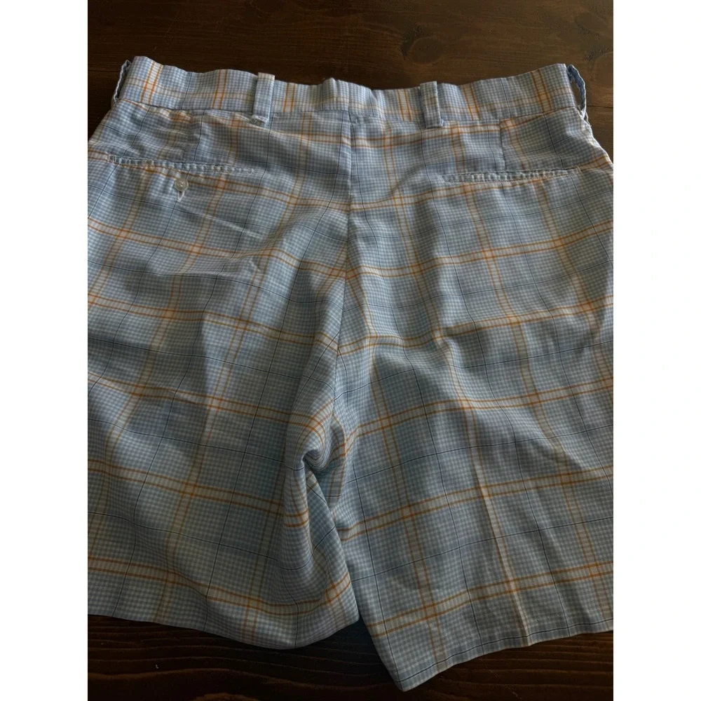 Vintage Permanent Press Plaid Shorts Mens 35 Blue Orange Check Retro Golf 70s